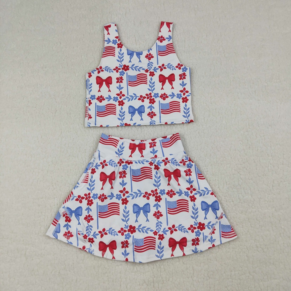 Summer Clothing Wholesale - Wholesale Toddler Flags Bows Shirt Skirt